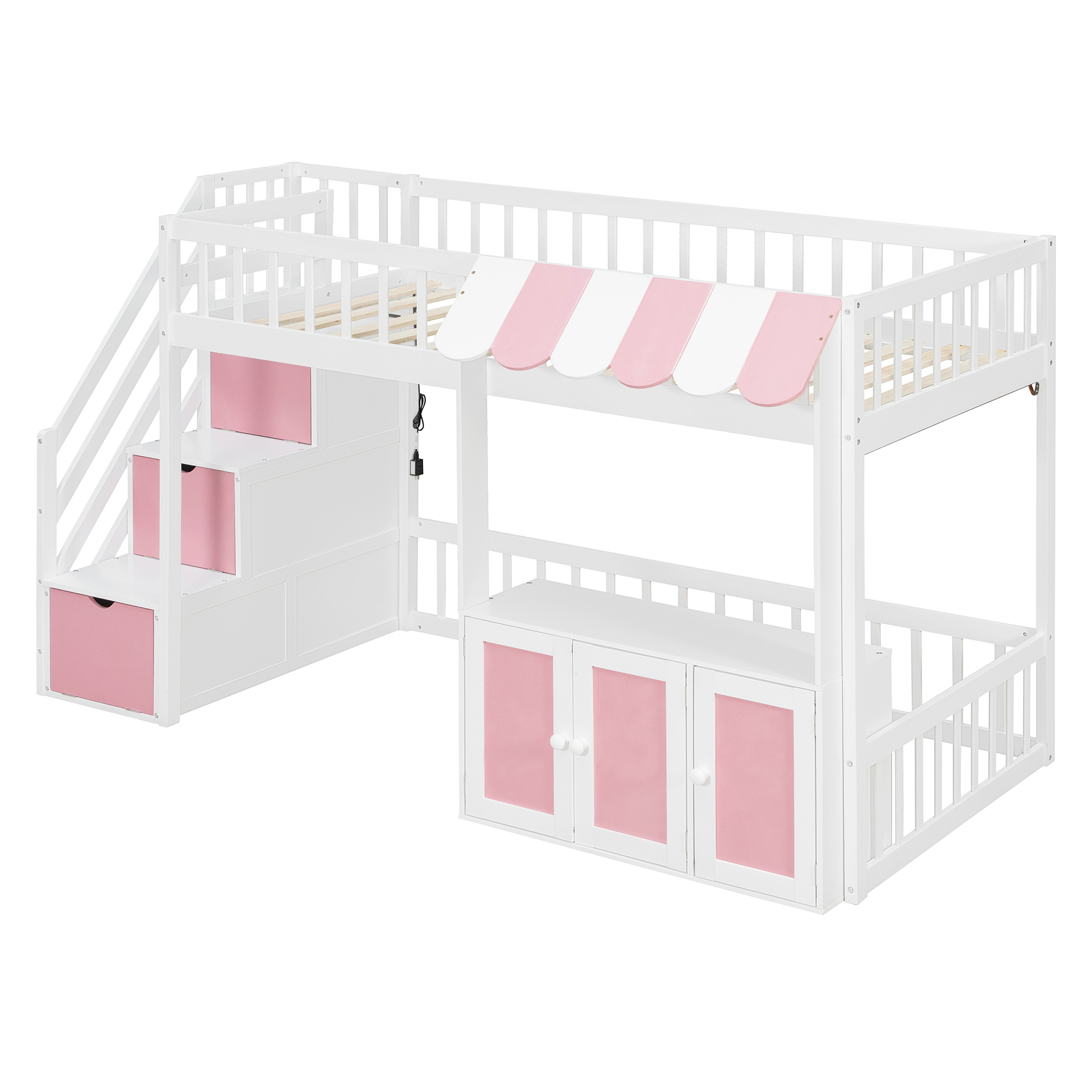 Twin Size Loft Bed with Storage Steps, LED Light, Under Bed Cabinets