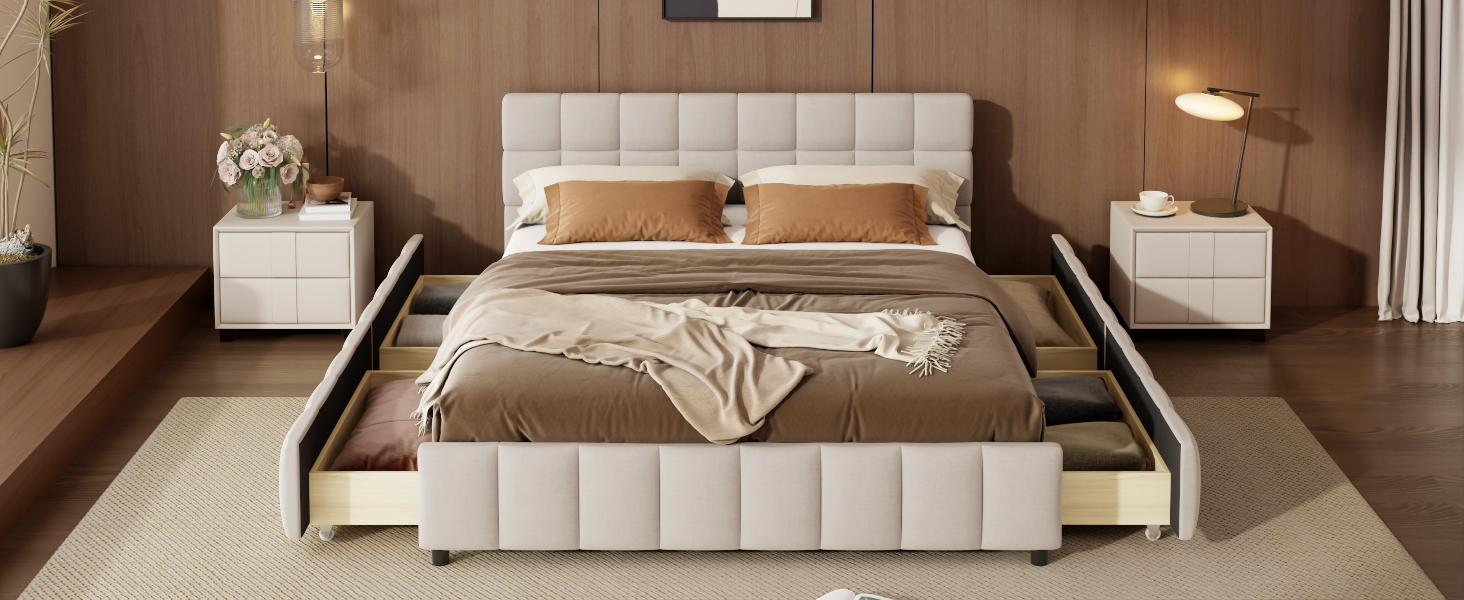 Queen Size Upholstered Platform Bed Frame with 4 Storage Drawers
