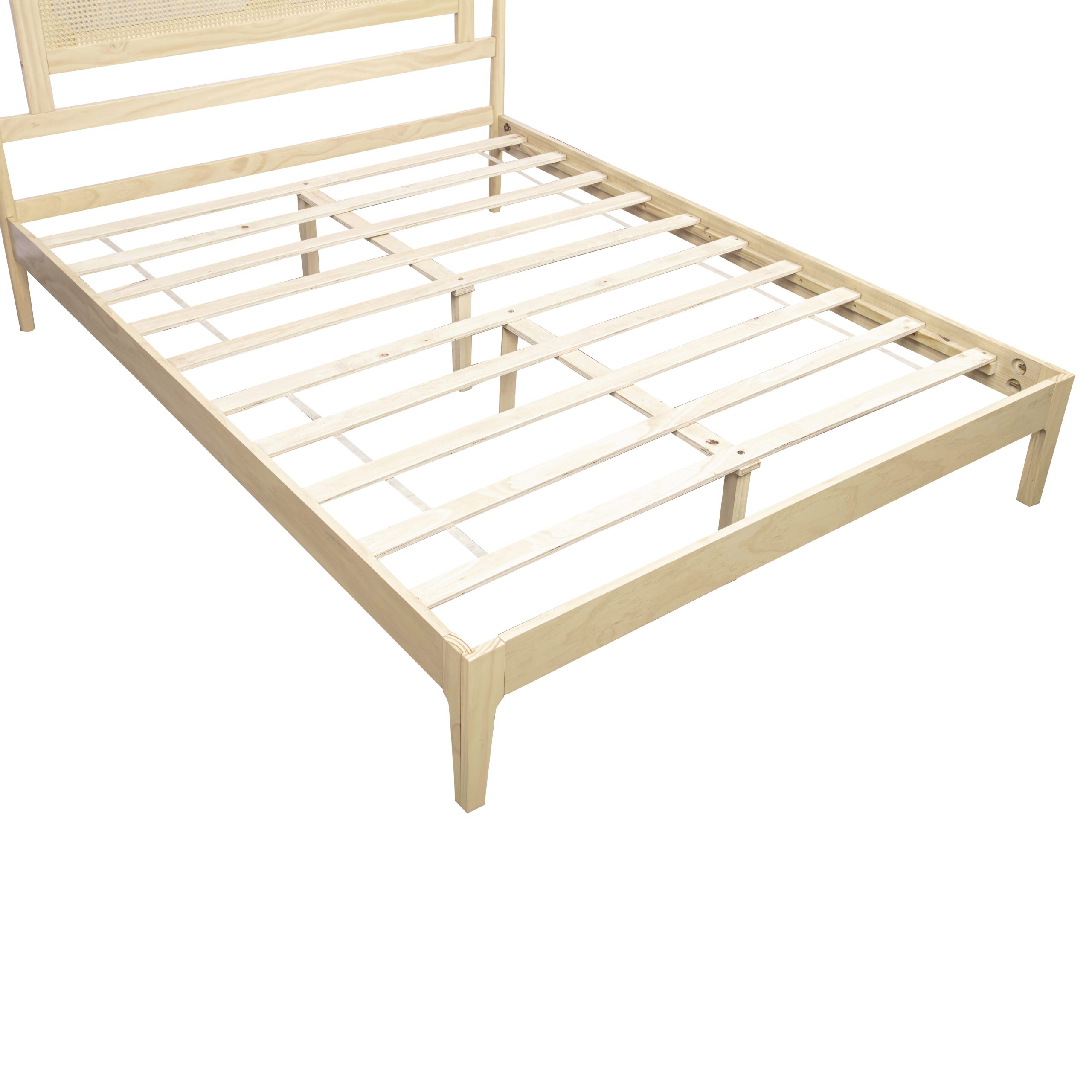 Queen Size Solid Wooden Bed with Rattan Headboard