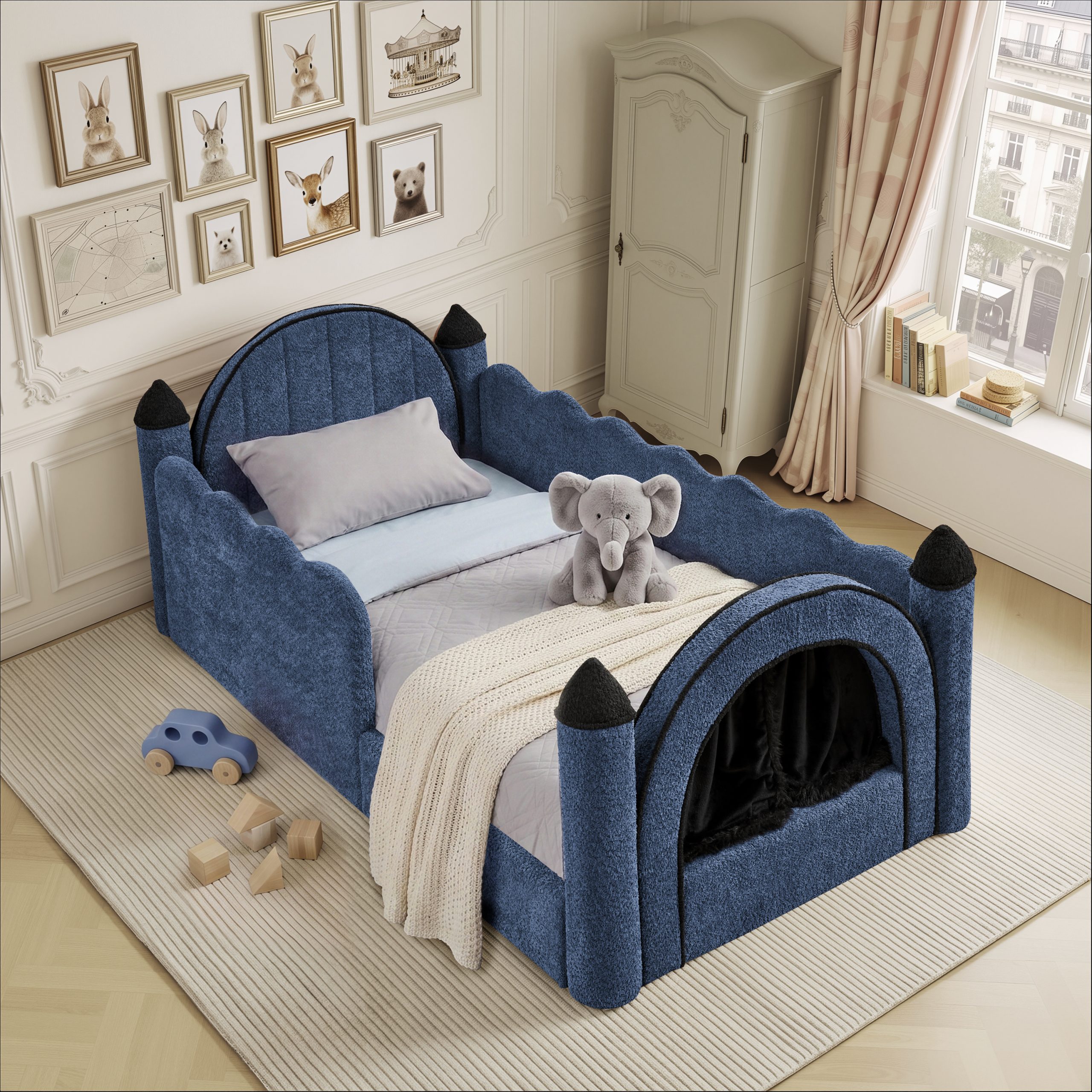Twin Size Castle Bed with Safety Guardrail and Curtain
