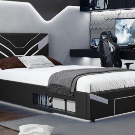 Twin Size Upholstered Gaming Bed Frame with LED Lights