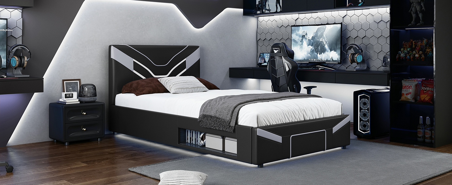 Twin Size Upholstered Gaming Bed Frame with LED Lights