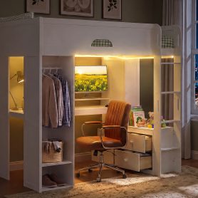 Twin Size Solid Wood Loft Bed With L-Shaped Desk, Storage Cabinet and Wardrobe