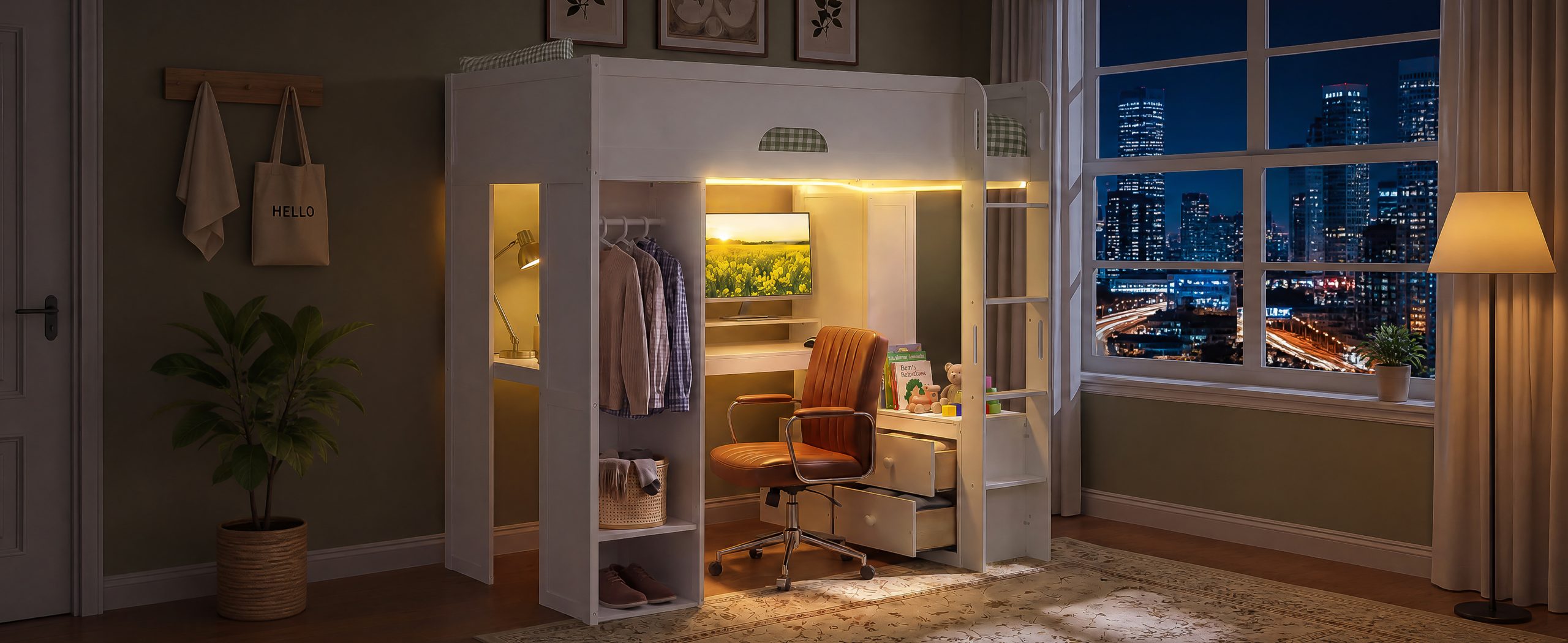 Twin Size Solid Wood Loft Bed With L-Shaped Desk, Storage Cabinet and Wardrobe