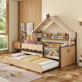 Twin Size House-Shaped Daybed with Built-In Bookshelf and Trundle