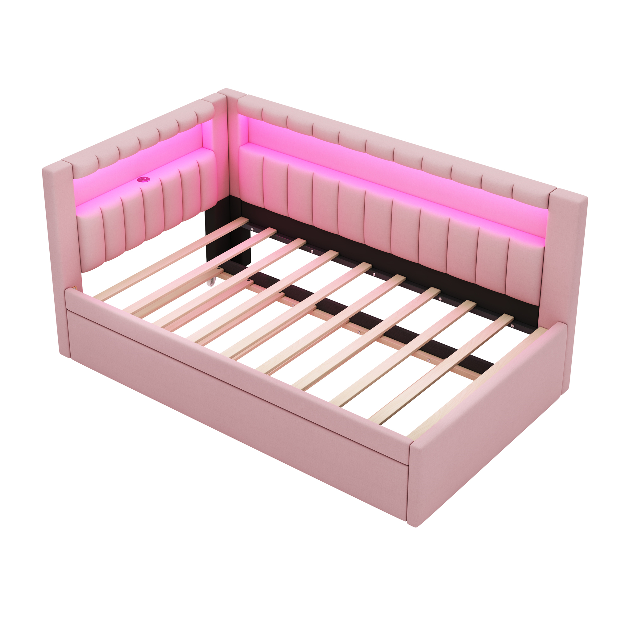 Upholstered Twin Size Platform Bed with Trundle, USB Ports and LED Belt