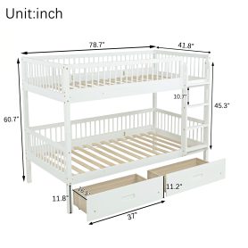 Twin Over Twin Pine Wood Bunk Bed With 2 Drawers, Convertible into 2 Twin Beds