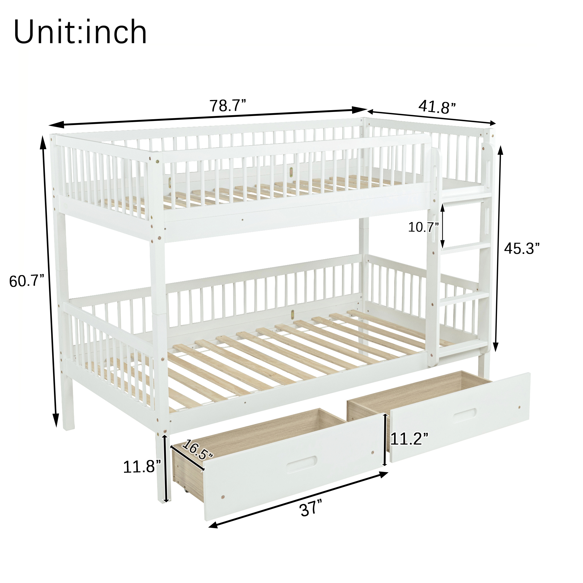 Twin Over Twin Pine Wood Bunk Bed With 2 Drawers, Convertible into 2 Twin Beds