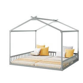 Double Twin House-Shaped Floor Bed with Safety Guardrails