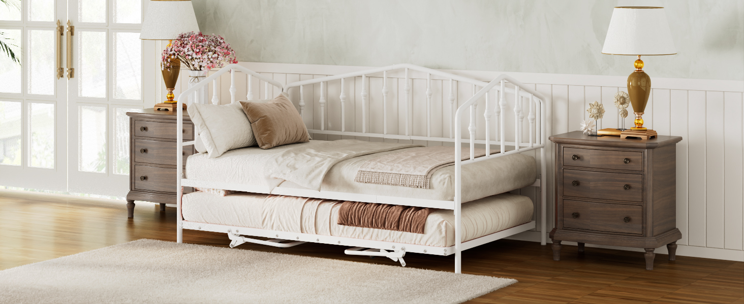 Twin Size Stylish Metal Daybed with Twin Size Adjustable Trundle