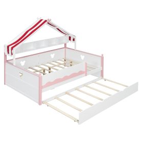 Full Size House-Shaped Daybed with Built-In Bookshelf and Trundle