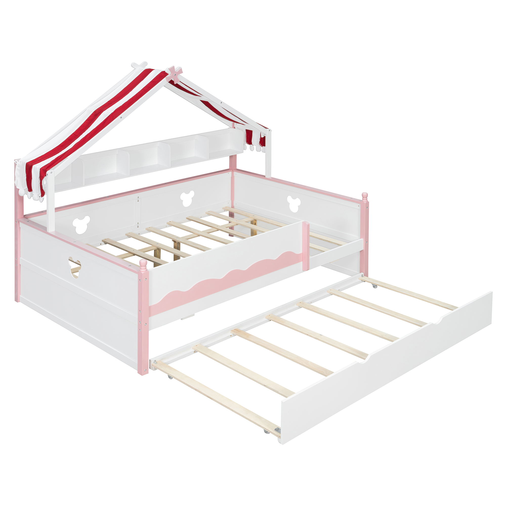 Full Size House-Shaped Daybed with Built-In Bookshelf and Trundle