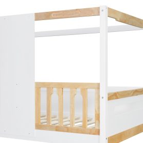 Twin Size Kids Loft Bed With Slide, Storage Shelves And Guardrails