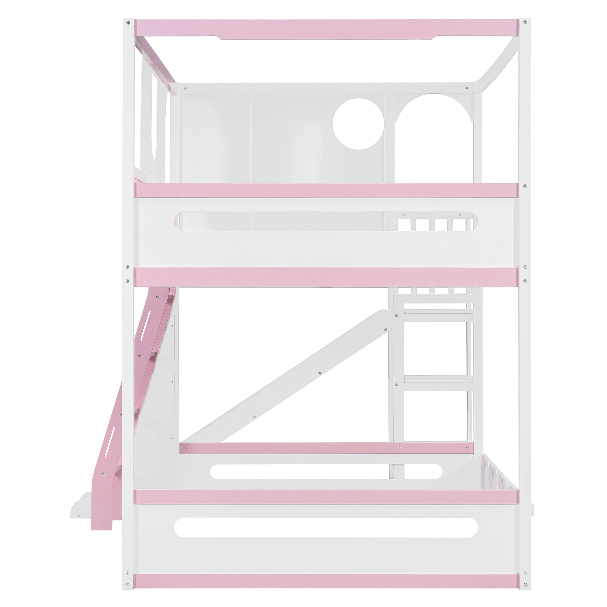 Full Size Kids Loft Bed With Slide, Storage Shelves And Guardrails
