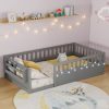 Twin Montessori Floor Bed with High Rails, Light And Storage Shelf
