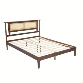 Queen Size Solid Wooden Bed with Rattan Headboard