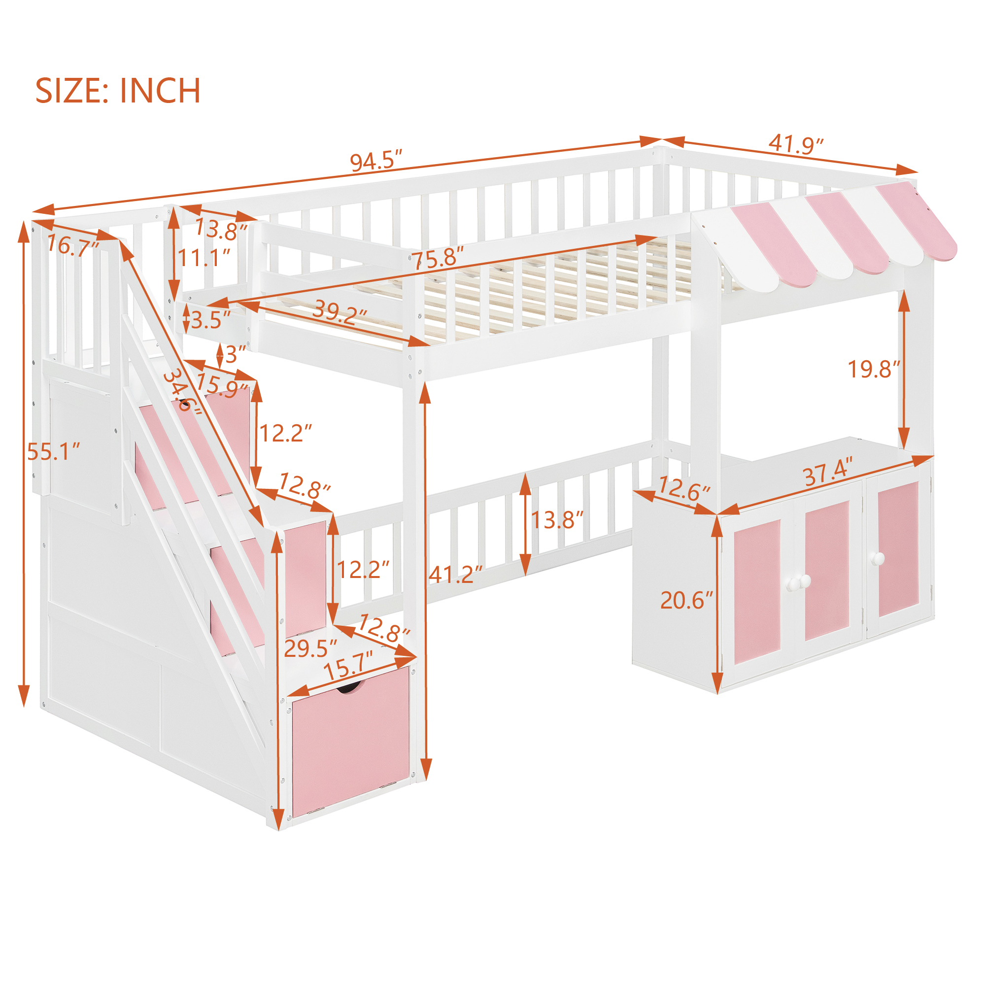 Twin Size Loft Bed with Storage Steps, LED Light, Under Bed Cabinets
