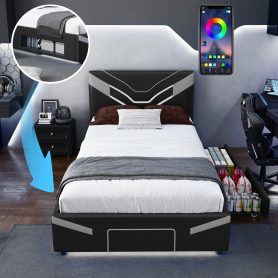 Twin Size Upholstered Gaming Bed Frame with LED Lights