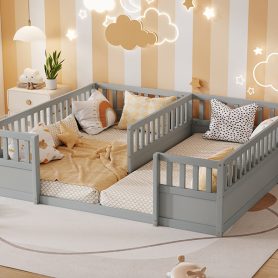 Double Pine Wood Twin Floor Bed with Semi-Enclosed Safety Guardrails, Open Entrance