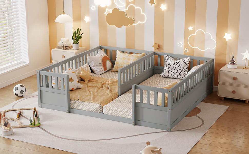 Double Pine Wood Twin Floor Bed with Semi-Enclosed Safety Guardrails, Open Entrance