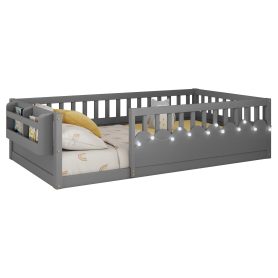 Twin Montessori Floor Bed with High Rails, Light And Storage Shelf