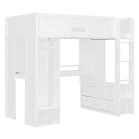 Twin Size Solid Wood Loft Bed With L-Shaped Desk, Storage Cabinet and Wardrobe