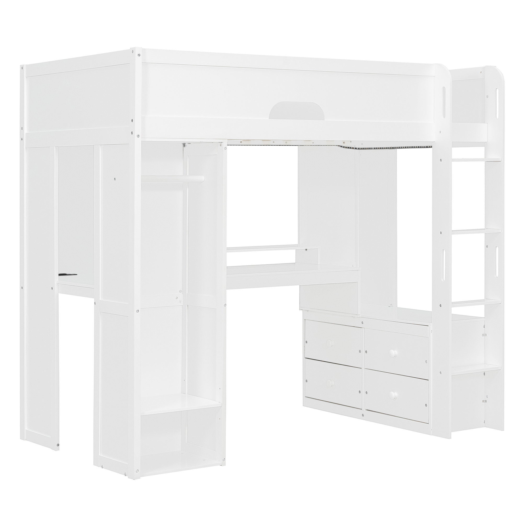 Twin Size Solid Wood Loft Bed With L-Shaped Desk, Storage Cabinet and Wardrobe