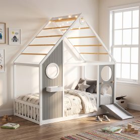 Wooden Playhouse Design Platform Bed with Front Panel and Slide