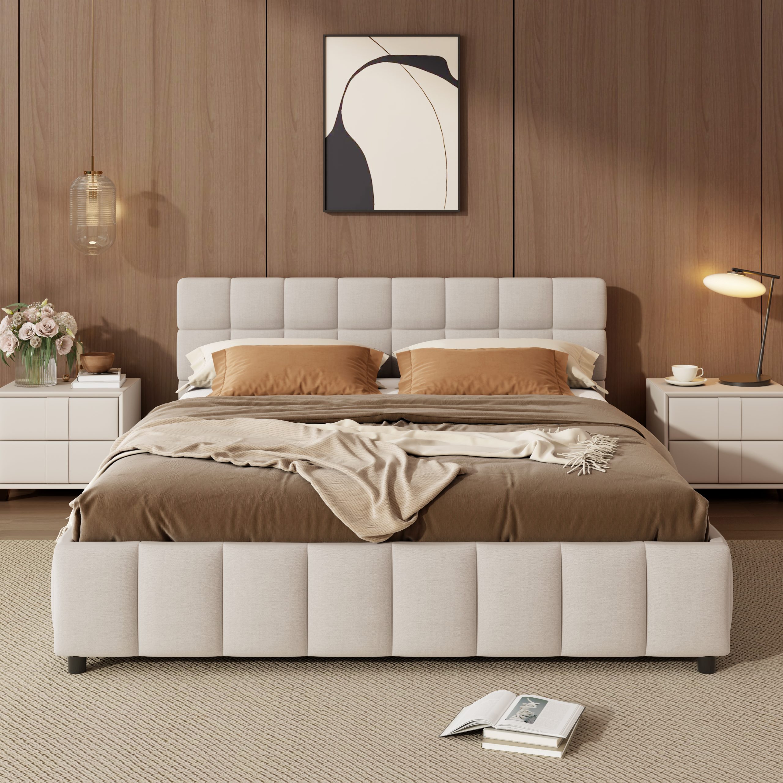 Queen Size Upholstered Platform Bed Frame with 4 Storage Drawers