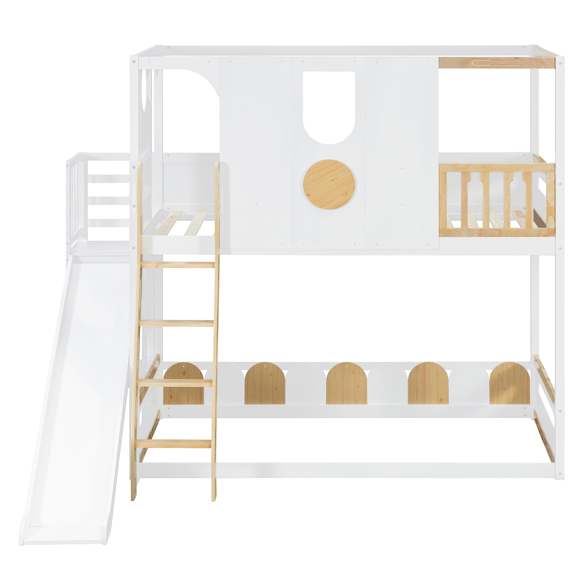 Twin Size Kids Loft Bed With Slide, Storage Shelves And Guardrails