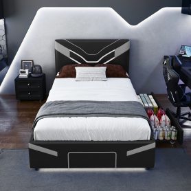 Twin Size Upholstered Gaming Bed Frame with LED Lights