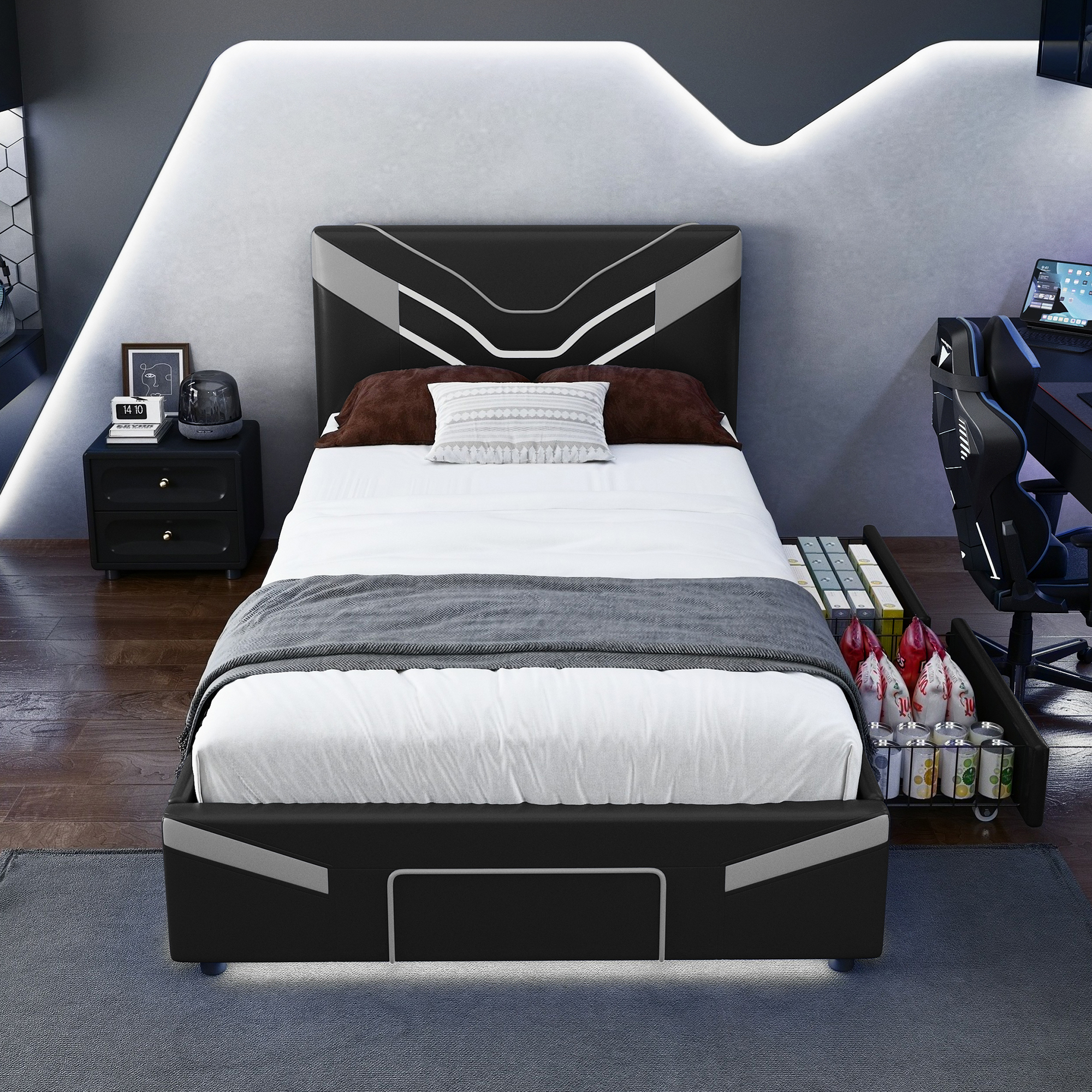 Twin Size Upholstered Gaming Bed Frame with LED Lights