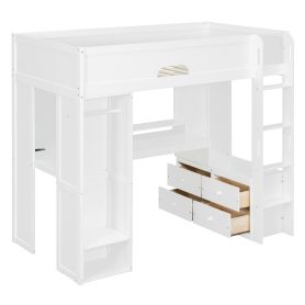 Twin Size Solid Wood Loft Bed With L-Shaped Desk, Storage Cabinet and Wardrobe