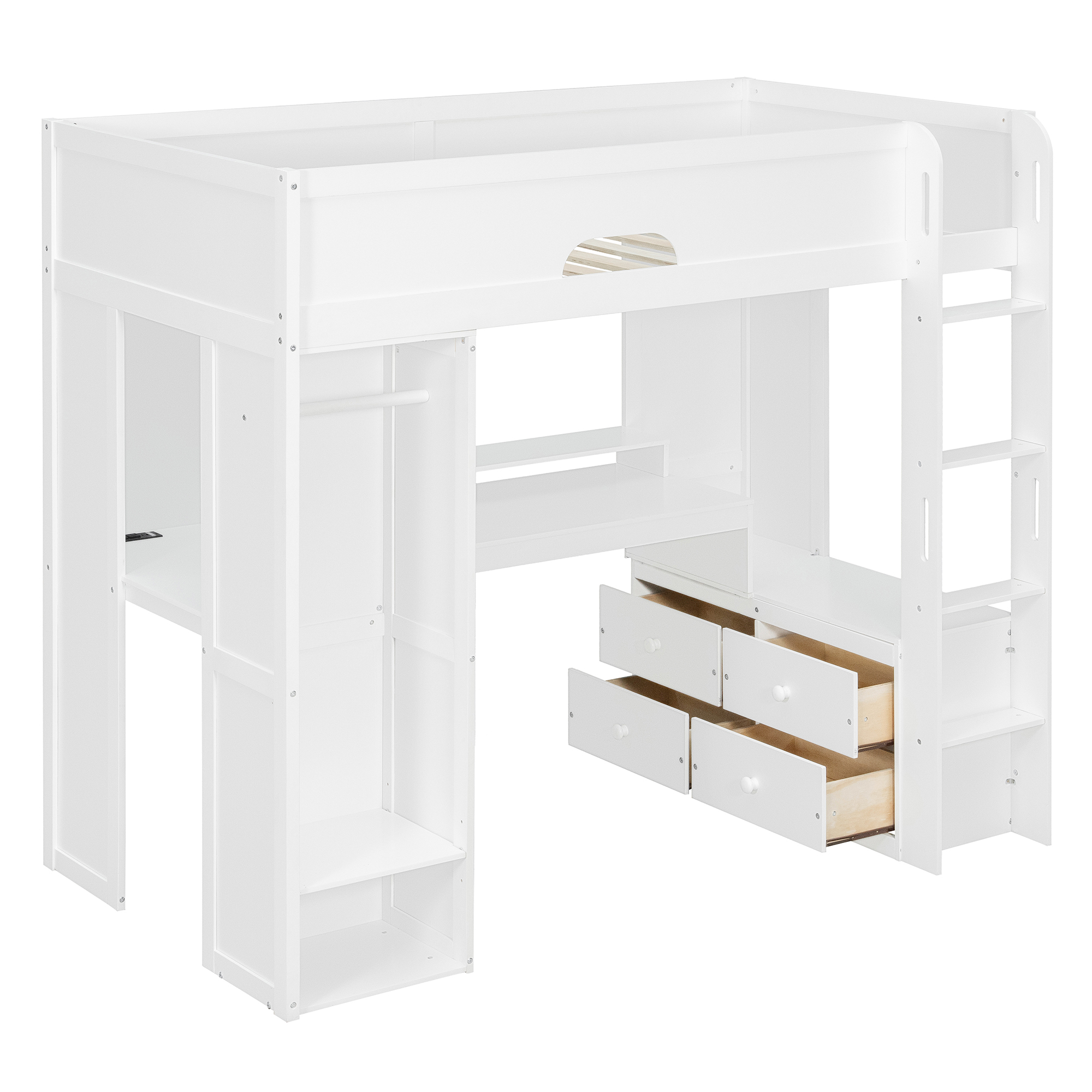 Twin Size Solid Wood Loft Bed With L-Shaped Desk, Storage Cabinet and Wardrobe