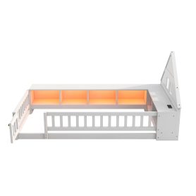 Twin Size Wood Floor Bed With Guardrail,  Storage Cabinets, LED, USB Port & Plug Outlets