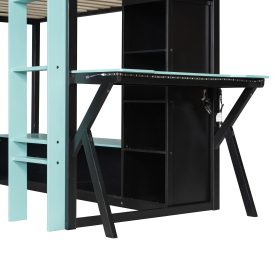 L-Shaped Wooden Twin Size Gaming Bed Frame with RGB LED Lights, USB Ports, TV Stand & Storage Shelves