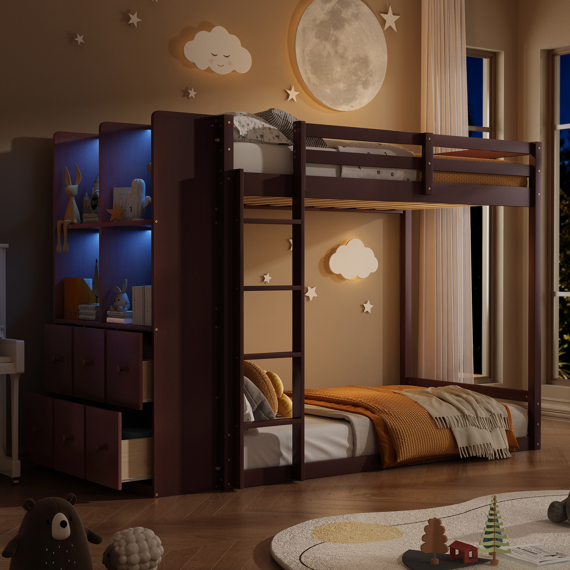 Twin Size Bunk Bed with Drawers, Shelves and Light
