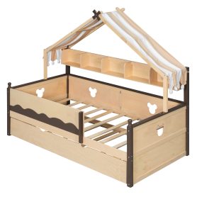Twin Size House-Shaped Daybed with Built-In Bookshelf and Trundle