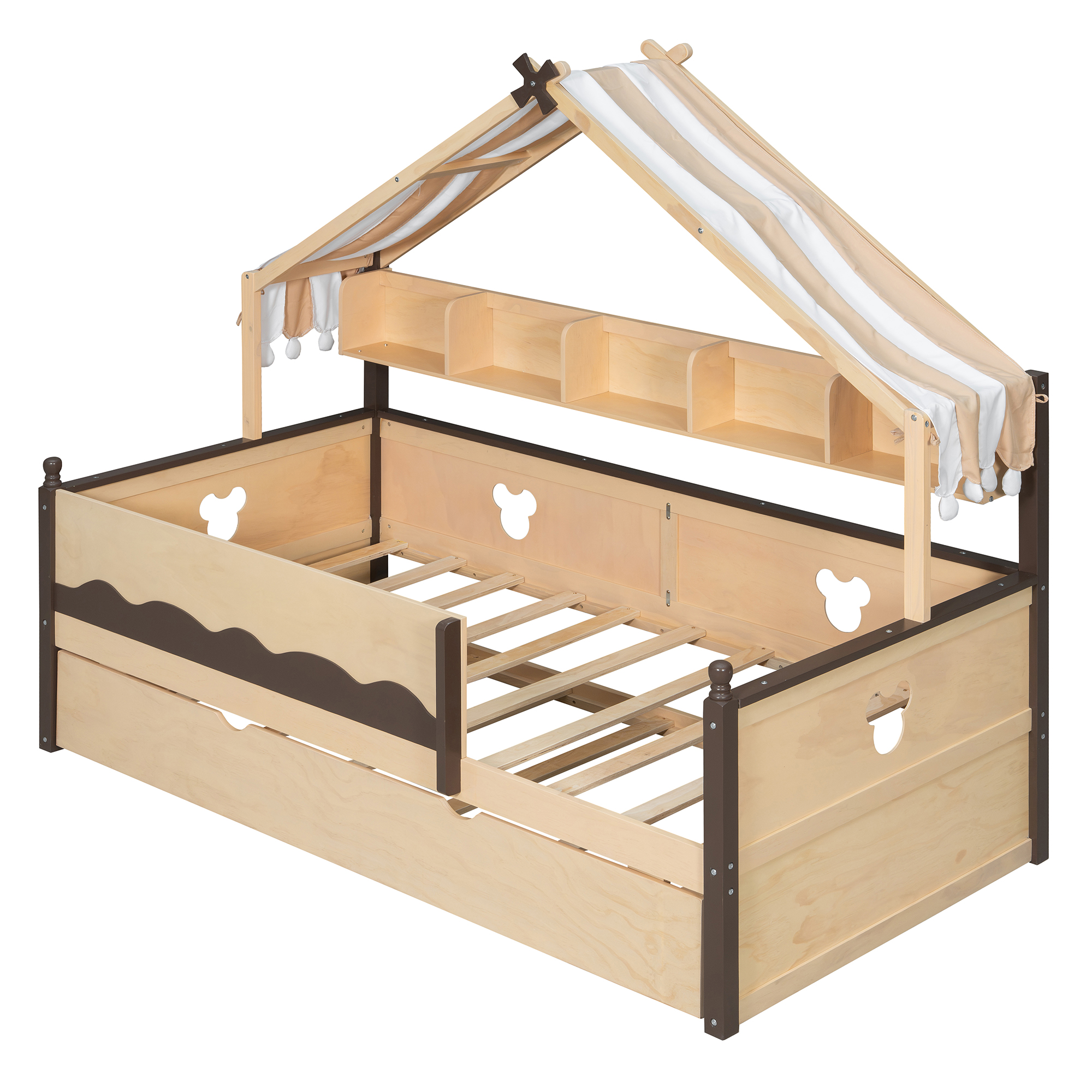 Twin Size House-Shaped Daybed with Built-In Bookshelf and Trundle