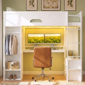 Twin Size Solid Wood Loft Bed With L-Shaped Desk, Storage Cabinet and Wardrobe