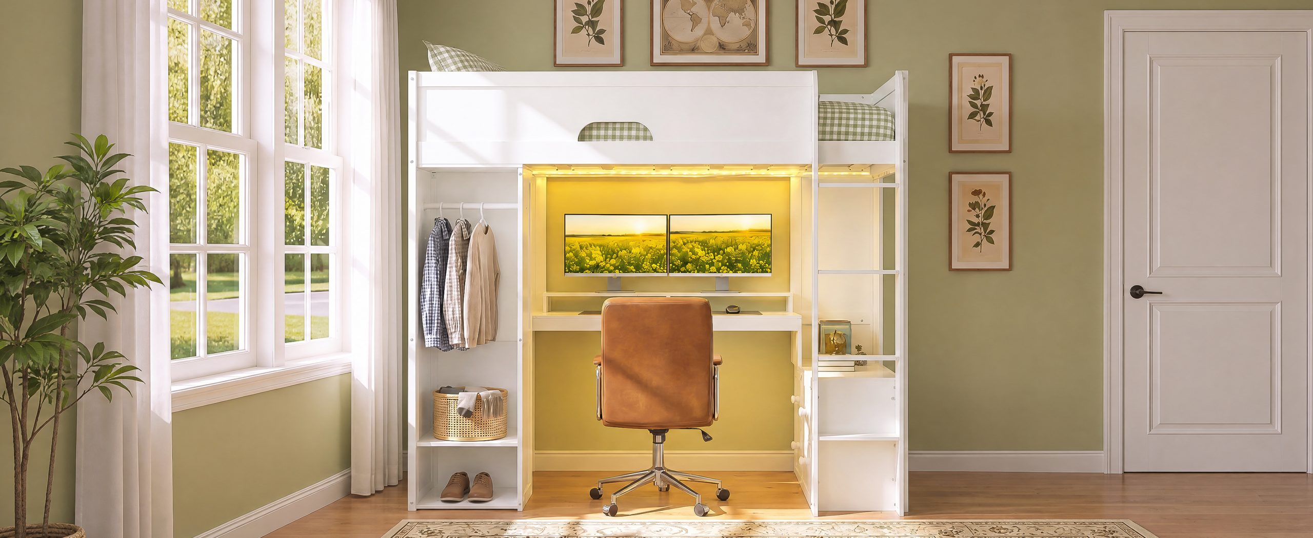 Twin Size Solid Wood Loft Bed With L-Shaped Desk, Storage Cabinet and Wardrobe