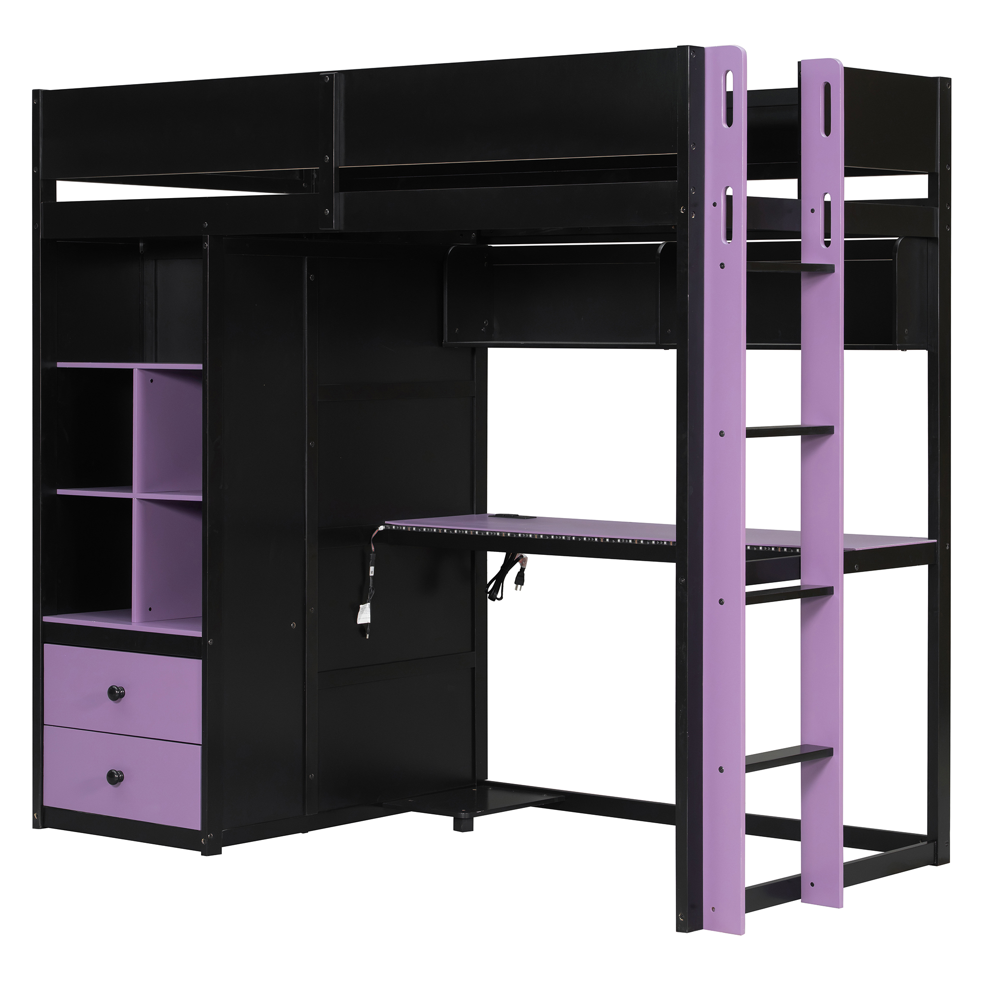 Twin Size Solid Wood Loft Bed with Desk, Storage Cabinet and Wardrobe