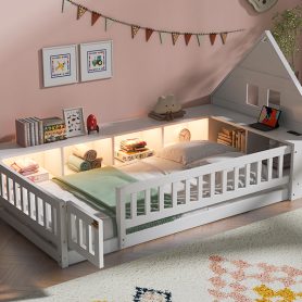 Twin Size Wood Floor Bed With Guardrail,  Storage Cabinets, LED, USB Port & Plug Outlets