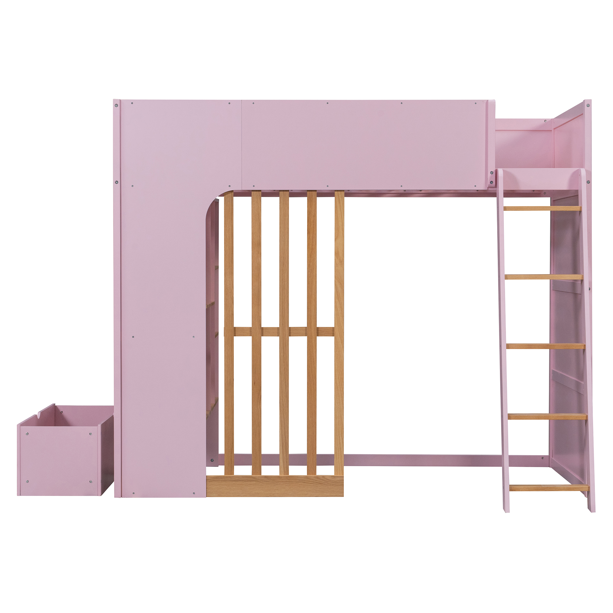 Twin Size Wooden High Sleeper Loft Bed with Ladder and Storage Shelves