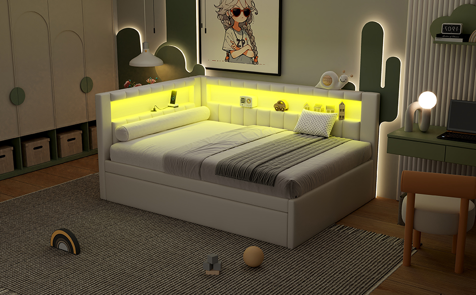 Upholstered Full Size Platform Bed with Trundle, USB Ports and LED Belt