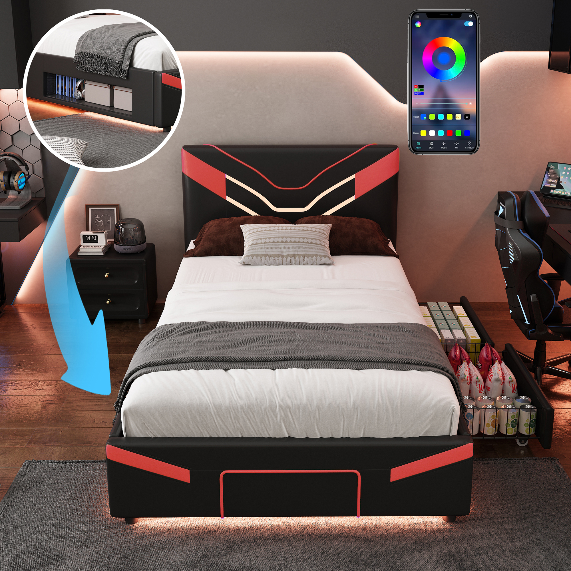 Twin Size Upholstered Gaming Bed Frame with LED Lights