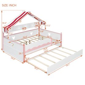 Full Size House-Shaped Daybed with Built-In Bookshelf and Trundle