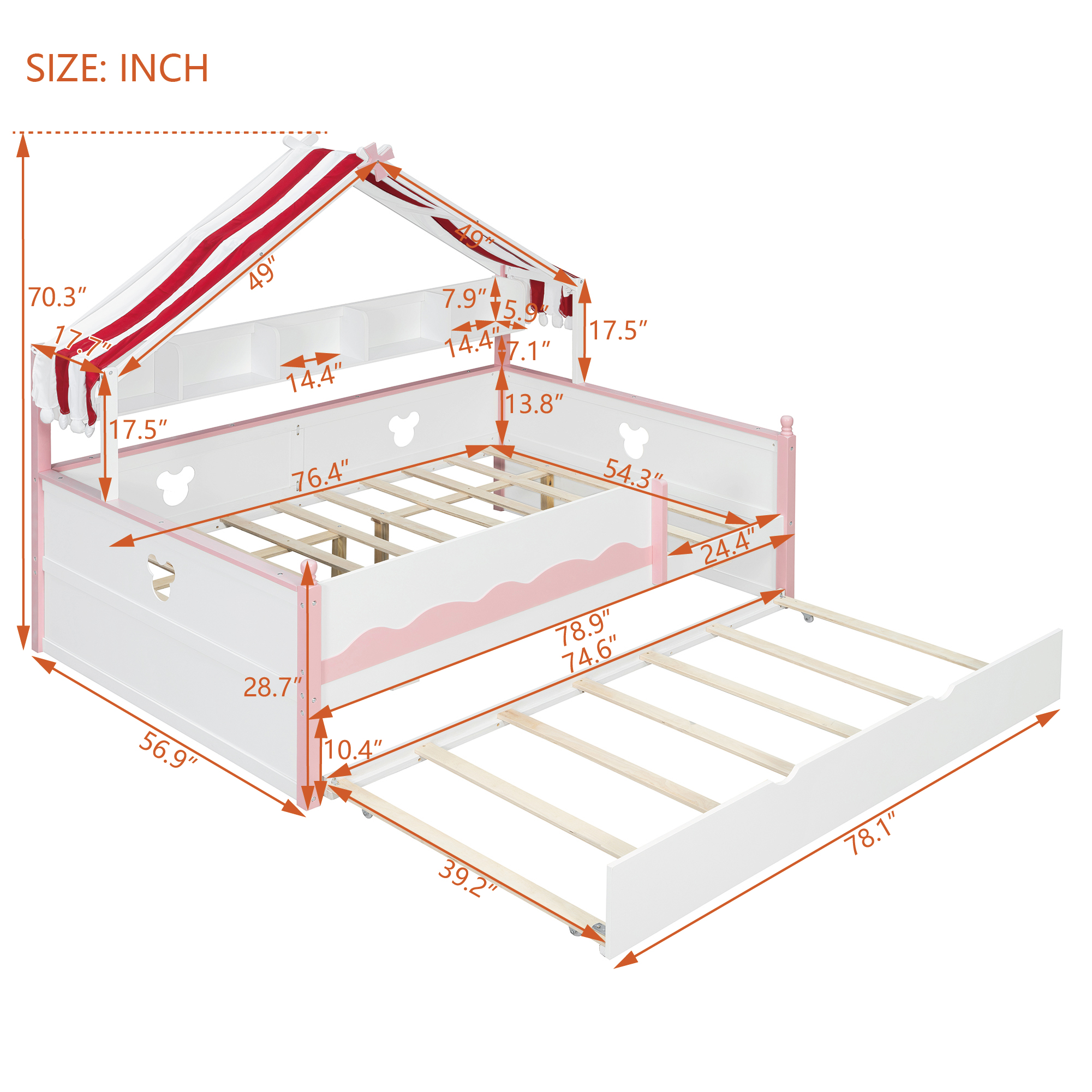 Full Size House-Shaped Daybed with Built-In Bookshelf and Trundle