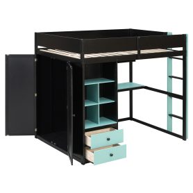 Full Size Solid Wood Loft Bed with Desk, Storage Cabinet and Wardrobe