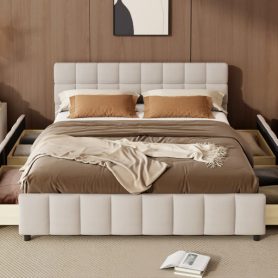 Queen Size Upholstered Platform Bed Frame with 4 Storage Drawers